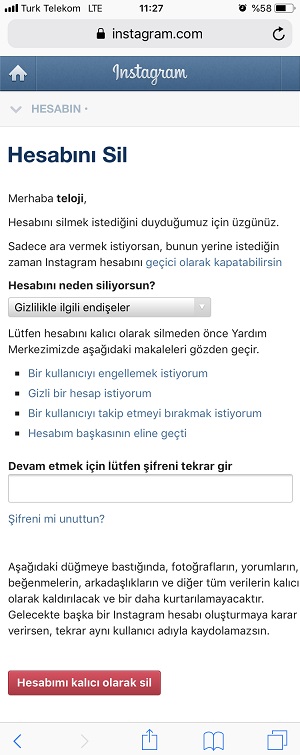 acilan ekranda hesabinizi neden silmek istediginizi belirtip sifrenizi tekrar girin ve altta yer alan hesabimi kalici olarak sil butonuna dokunun - instagram hesabini kalici olarak silme akilli telefon