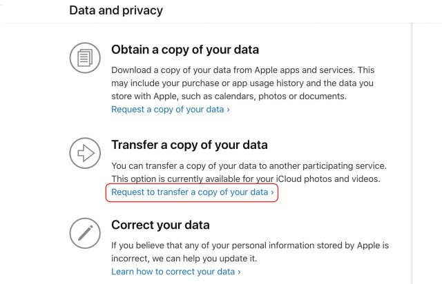 request to transfer a copy of your data