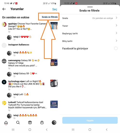 instagram yorumlari siralama filtreleme